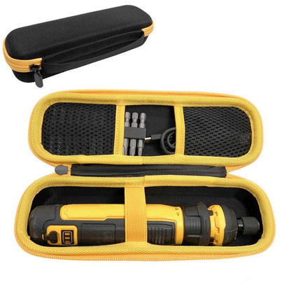 Hard EVA storage case with yellow trim, open insert holding screwdriver and bits