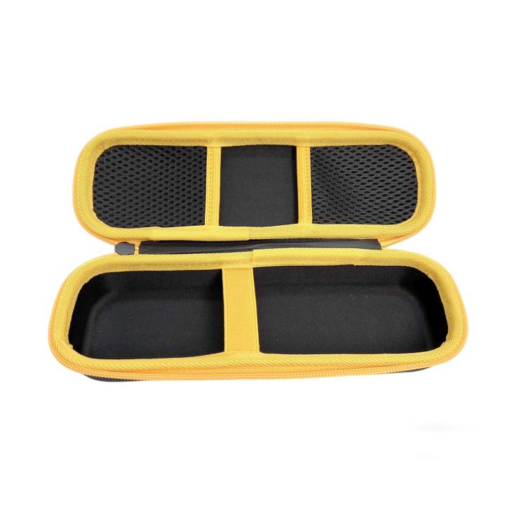 Hard EVA storage case with yellow edge, open compartments with black cushioning