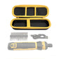 Open yellow-trim storage case with cordless screwdriver, bit set, and charging cable