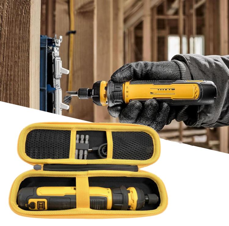 Worker holding a cordless screwdriver above an open yellow-trim hard EVA storage case