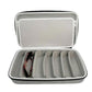 Gray eyeglass storage case open with molded divider slots and eyeglasses