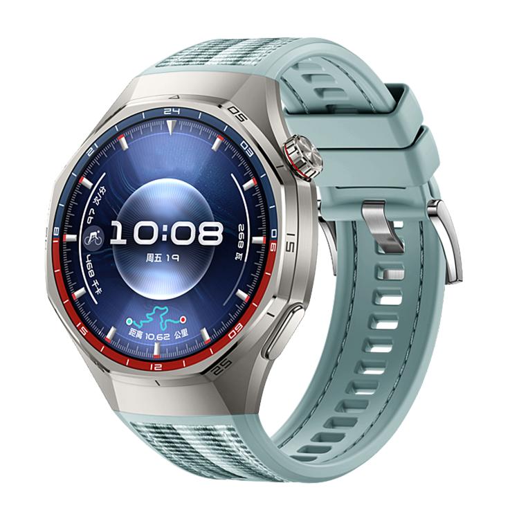 Huawei Watch GT 6 Pro with a light blue hybrid nylon and silicone band