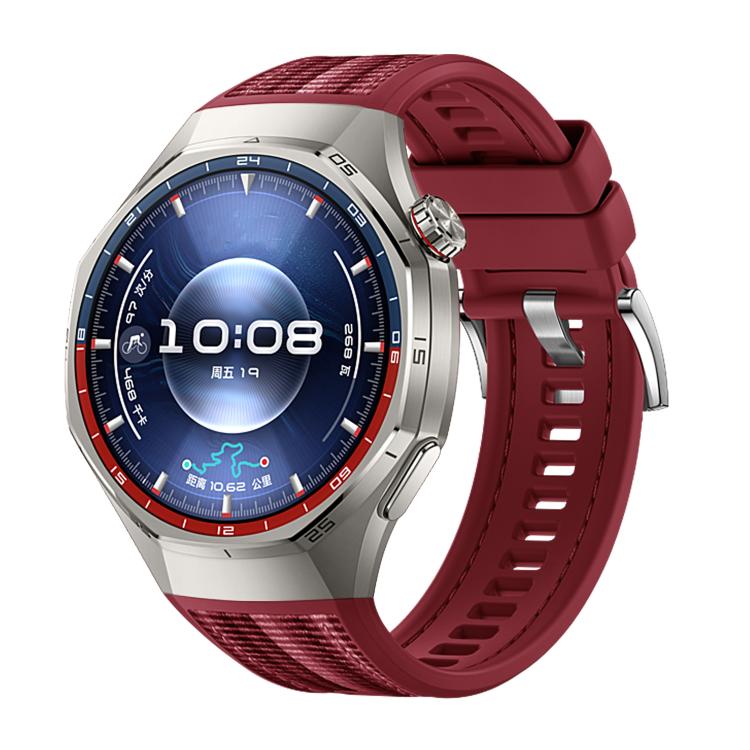 Huawei Watch GT 6 Pro with a burgundy hybrid nylon and silicone band