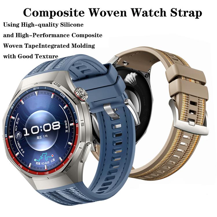 Hybrid woven and silicone watch band in blue and khaki, shown with a compatible watch.