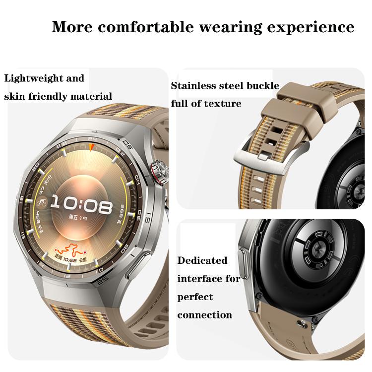 Khaki hybrid watch band with woven detailing and a stainless steel buckle, shown on a watch.