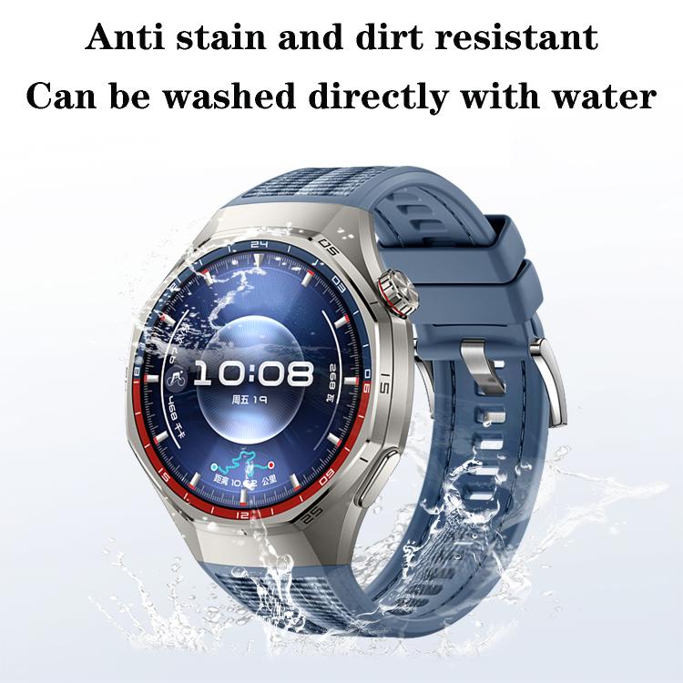 Blue hybrid woven and silicone watch band shown fitted to a watch.