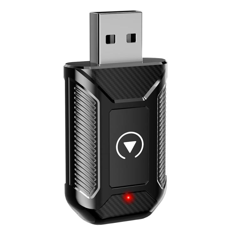 Wireless car adapter dongle with USB plug, black carbon-fiber style body and indicator light