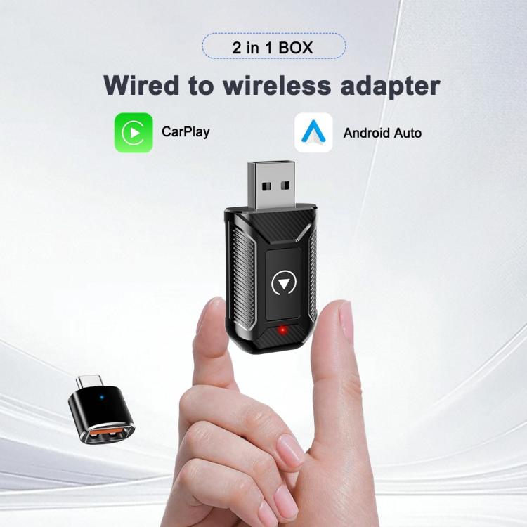 Black 2-in-1 wireless car adapter with USB connector and red LED on front