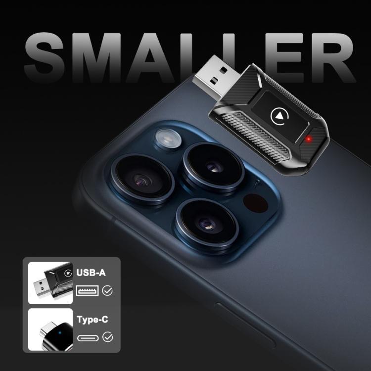 Compact wireless car adapter with USB plug and red LED, shown on a phone