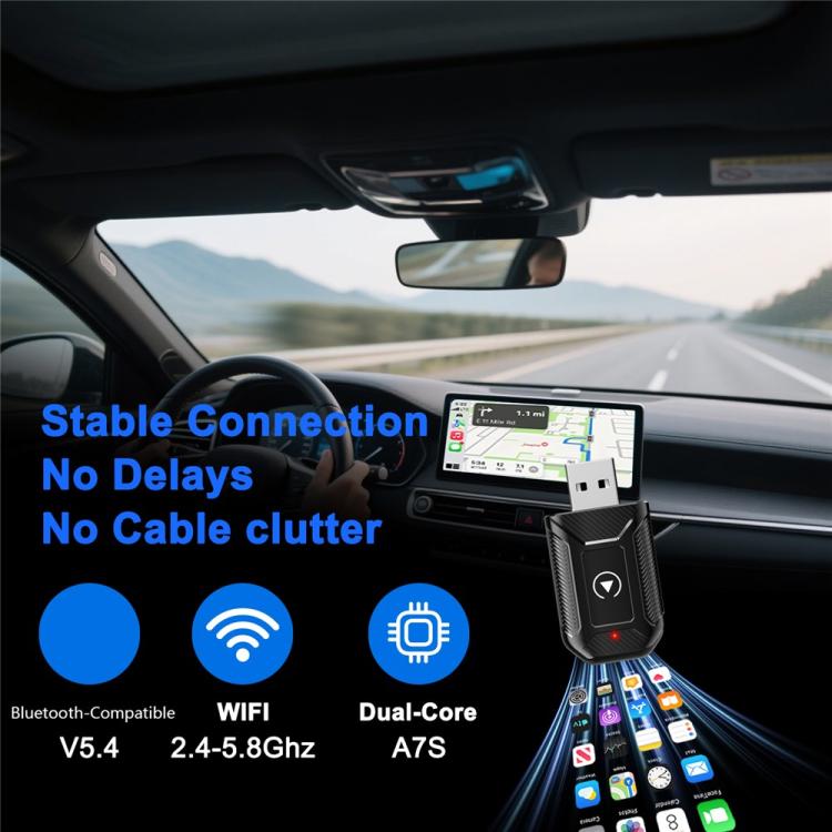 Wireless car adapter dongle with USB plug and red LED for in-car connection