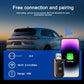 Wireless car adapter with USB connector, red LED, and pairing indicator on device