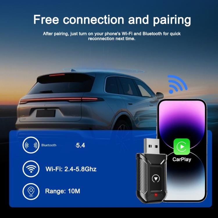 Wireless car adapter with USB connector, red LED, and pairing indicator on device