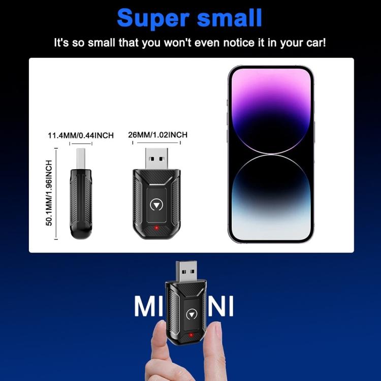 Small wireless car adapter dongle with USB plug and red LED, shown with size guide