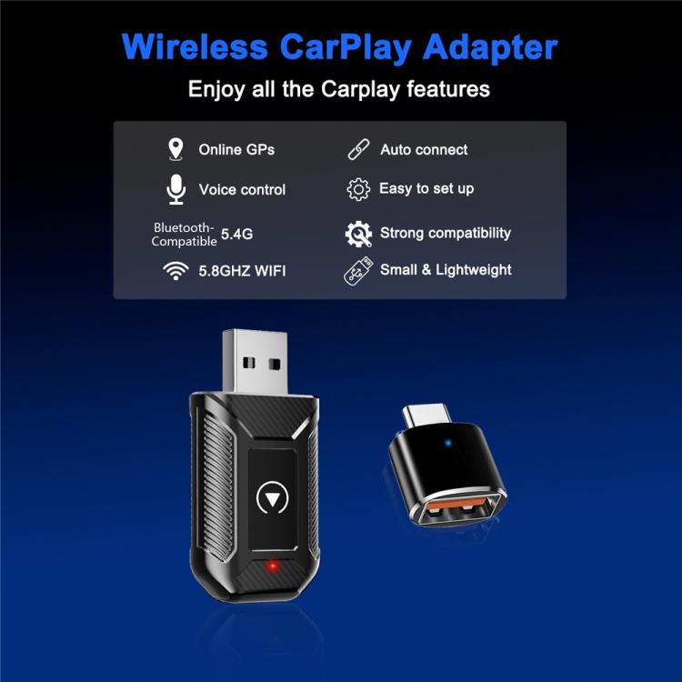 Wireless CarPlay adapter dongle with USB plug and red LED, front view and side view