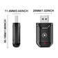 Wireless car adapter size diagram with USB plug and red LED on black body