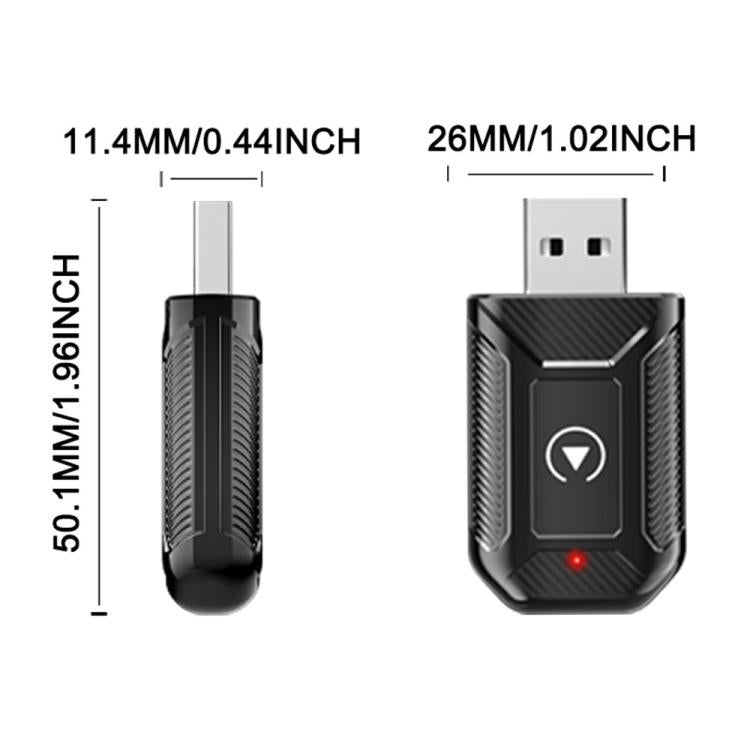 Wireless car adapter size diagram with USB plug and red LED on black body