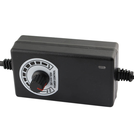 Black adjustable power adapter with power control dial marked Min Off and Max