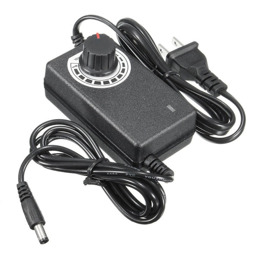 Black adjustable AC-to-DC power adapter with voltage control dial and US plug cable