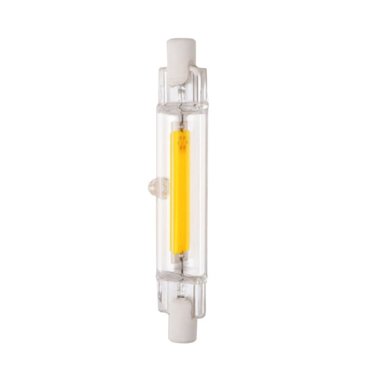 R7S COB LED glass tube lamp bulb, warm white, vertical side view with two pin sockets.