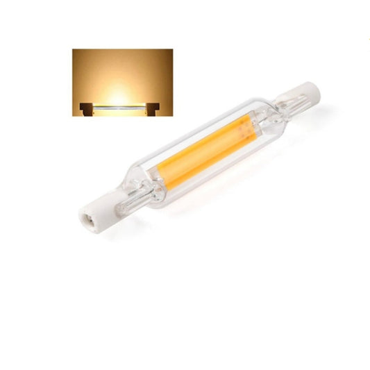 R7S COB LED glass tube lamp bulb, warm white, clear glass with two-pin ends.