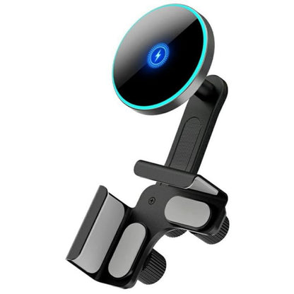 Car magnetic wireless charger mount with circular LED charging pad and clamp stand