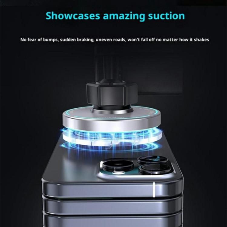 Circular wireless charger puck with glowing LED ring on a suction-style car base