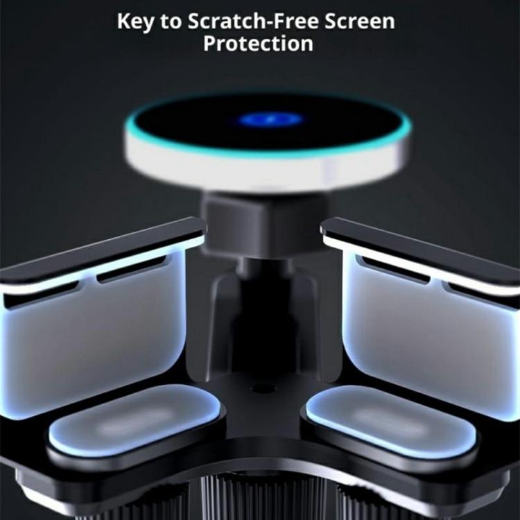 Car phone stand with four clamping arms and glowing wireless charger disc
