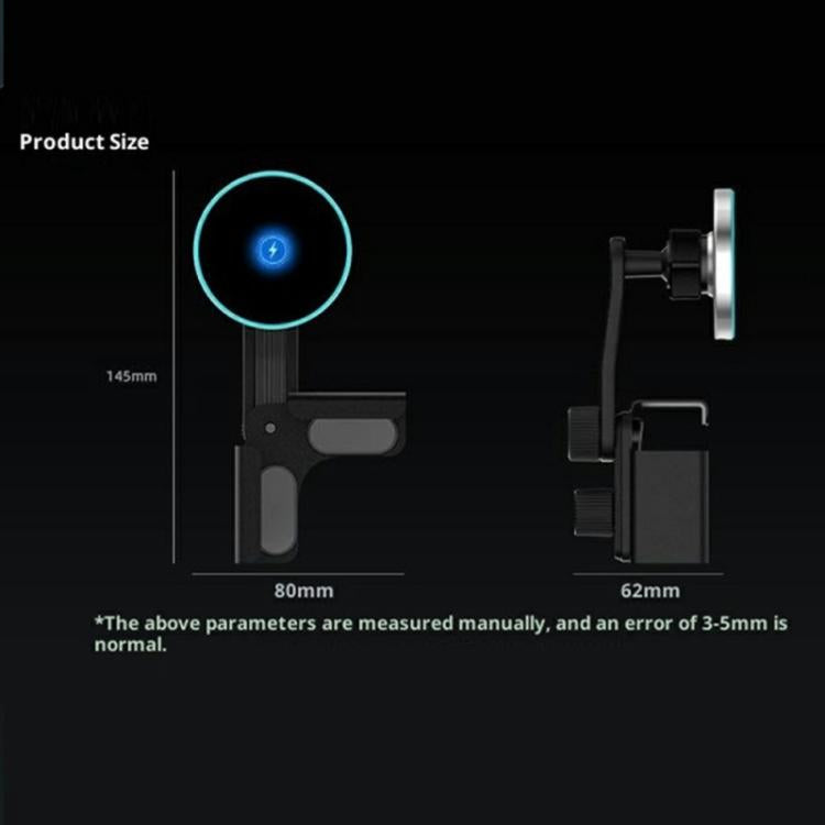 Car wireless charger mount size diagram showing circular pad and mounting arm