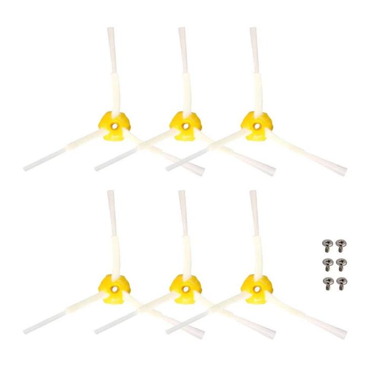 Triangle side brush set with yellow hubs and white bristles, 6-pack for robot vacuums