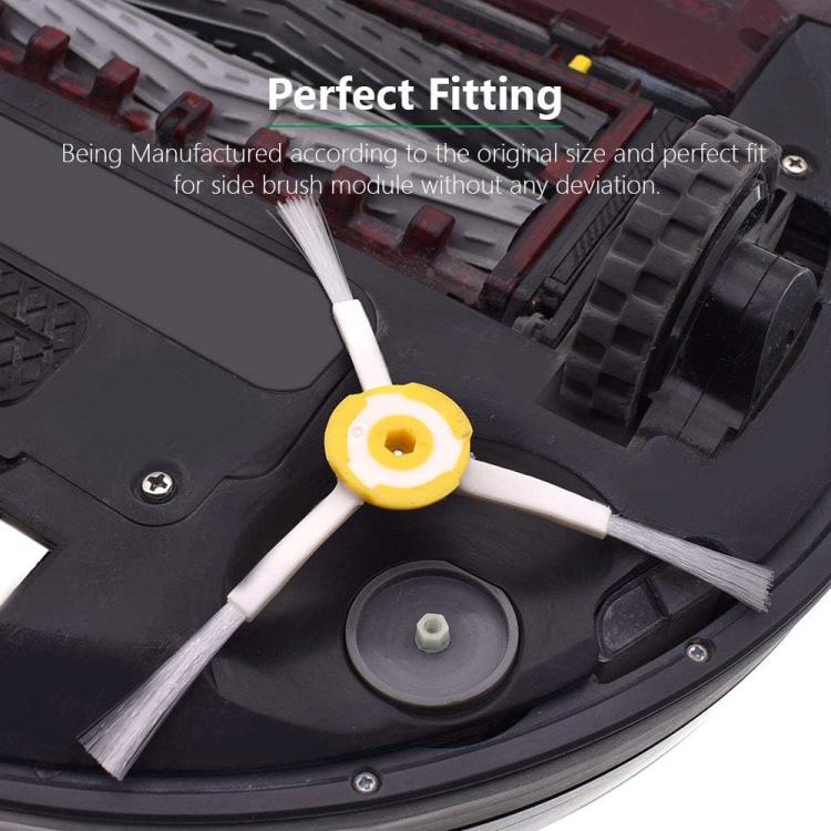 Triangle side brush with yellow hub and white bristles mounted on robot vacuum