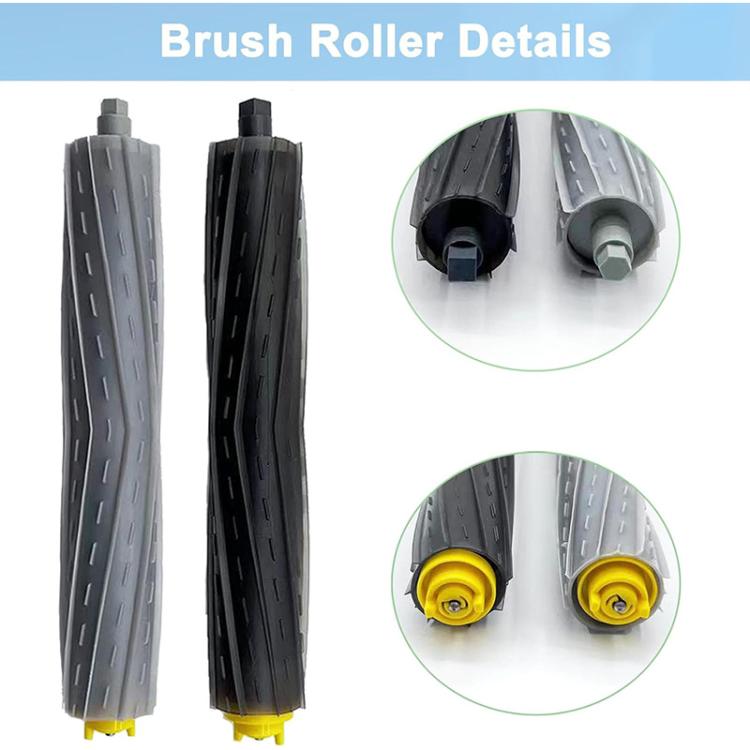 Pair of robot vacuum brush rollers, gray and black with yellow end caps
