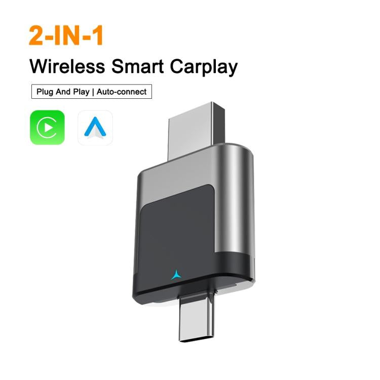Two-in-one wireless car adapter with silver housing, dark front panel, USB plug