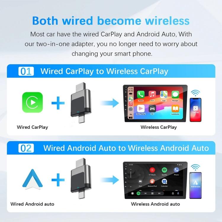 Wireless car adapter dongle with silver USB plug and dark compact body
