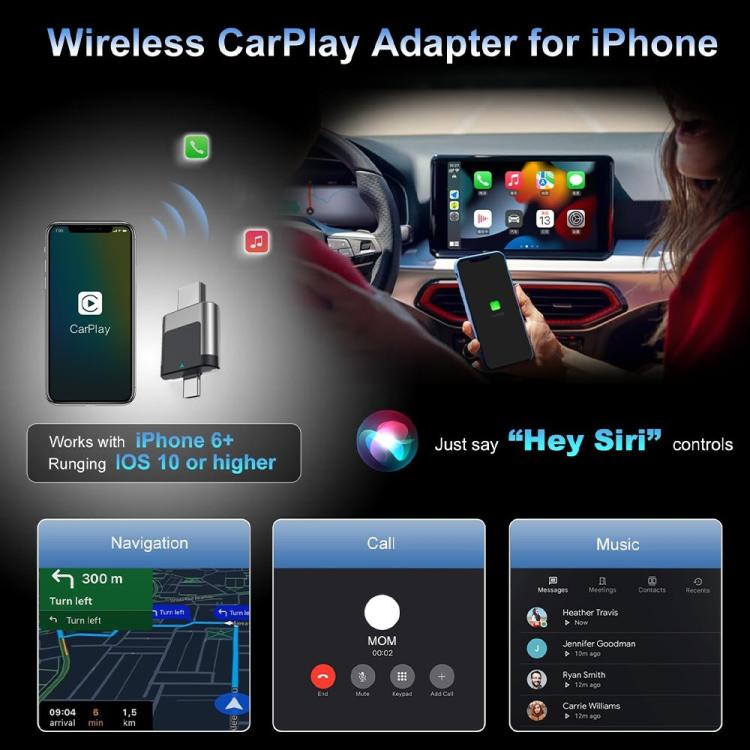 Wireless CarPlay adapter dongle with dark front panel and silver USB connector