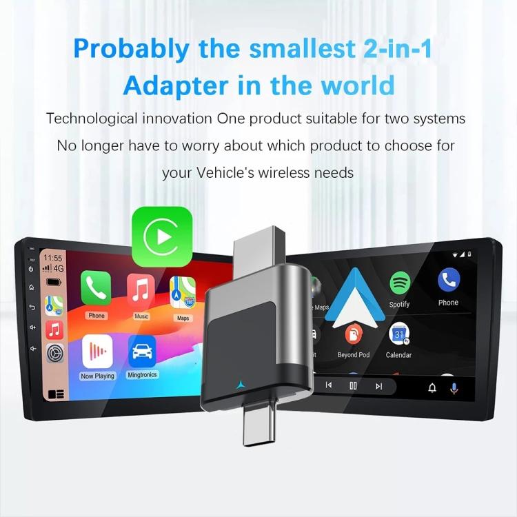 Small 2-in-1 wireless car adapter dongle with silver plug and dark front panel