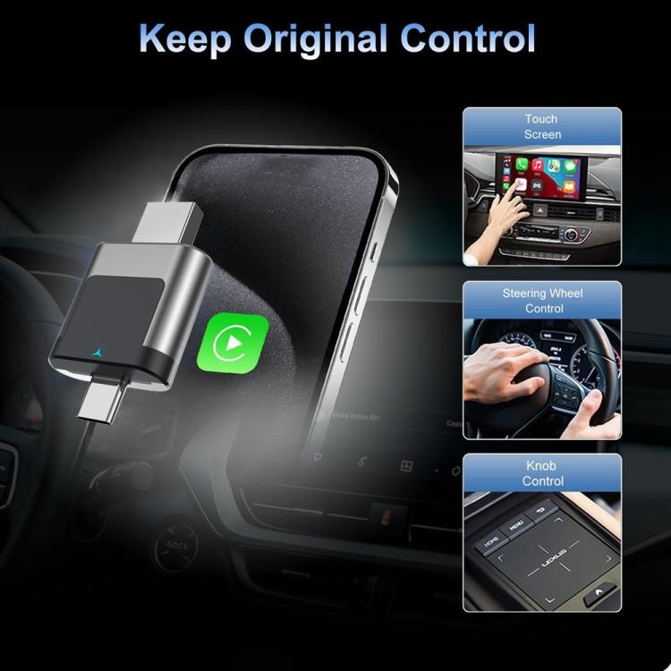 Wireless car adapter dongle with silver-and-dark body and USB connector for control