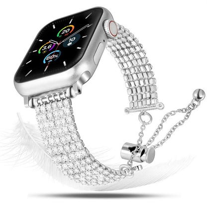 Silver Apple Watch band with crystal rows, linked metal back, and adjustable chain clasp