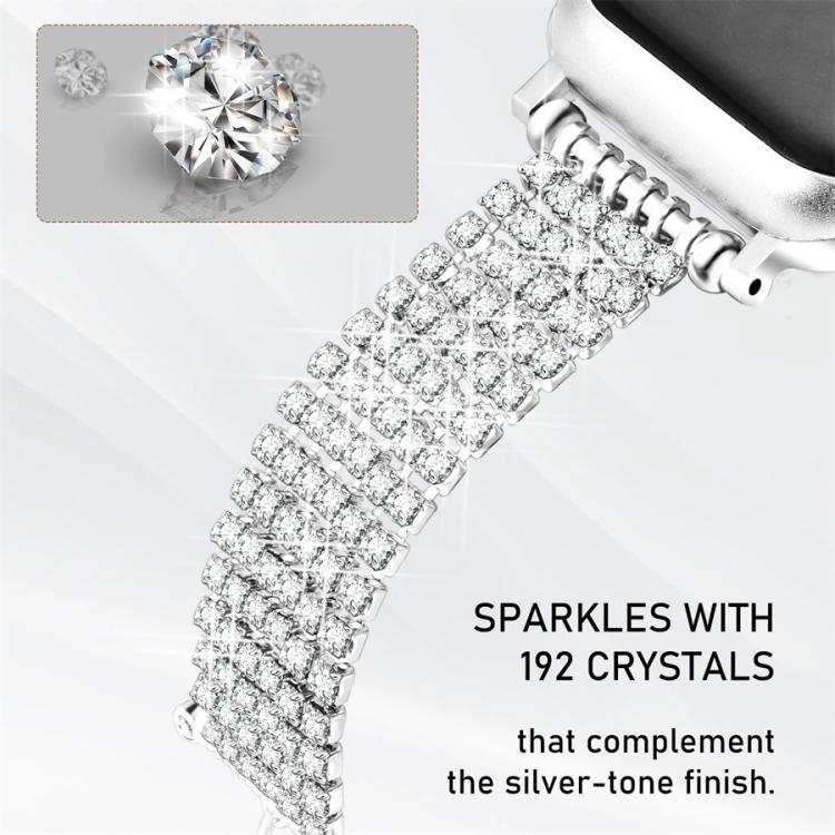 Close-up of the silver-tone band’s rows of clear crystals and metal links
