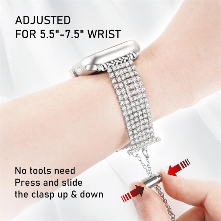 Crystal watch band worn on the wrist, with an adjustable sliding chain clasp