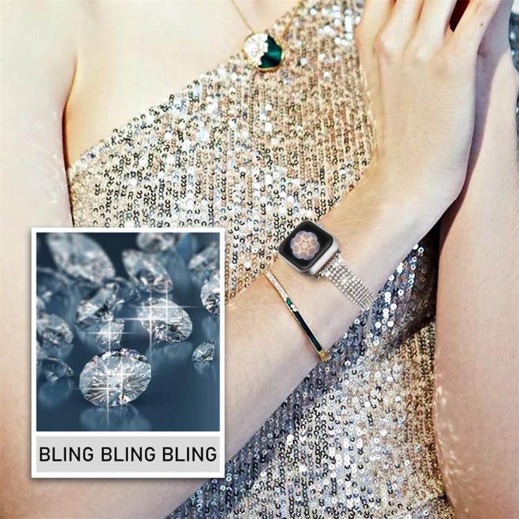 Silver crystal watch band worn on a wrist, shown with a close-up of the stones