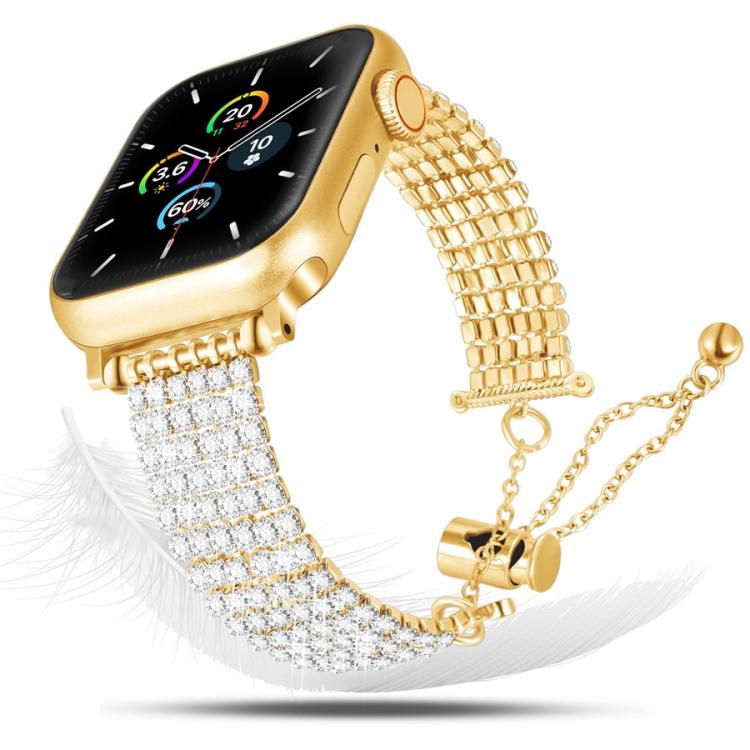 Gold-tone band with clear crystal rows and a linked metal clasp