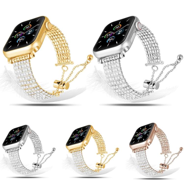 Crystal Apple Watch bands in gold, silver, and rose gold finishes