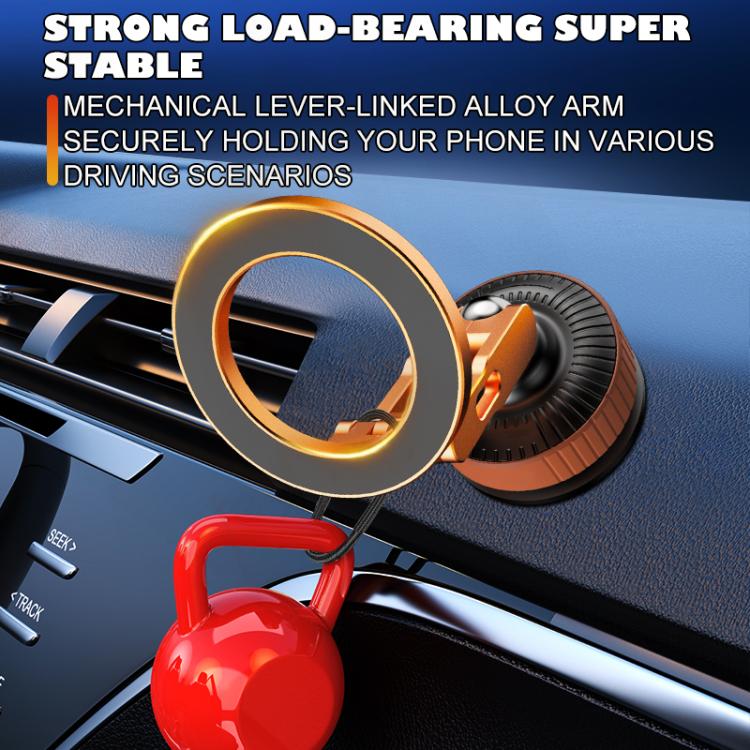 Orange magnetic car phone holder with suction base and clamp arm