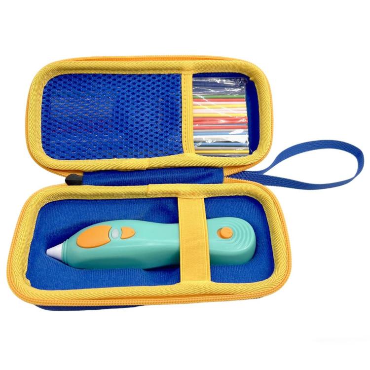 Kids 3D pen storage case, open with pen and bundled colored rods, blue mesh pocket