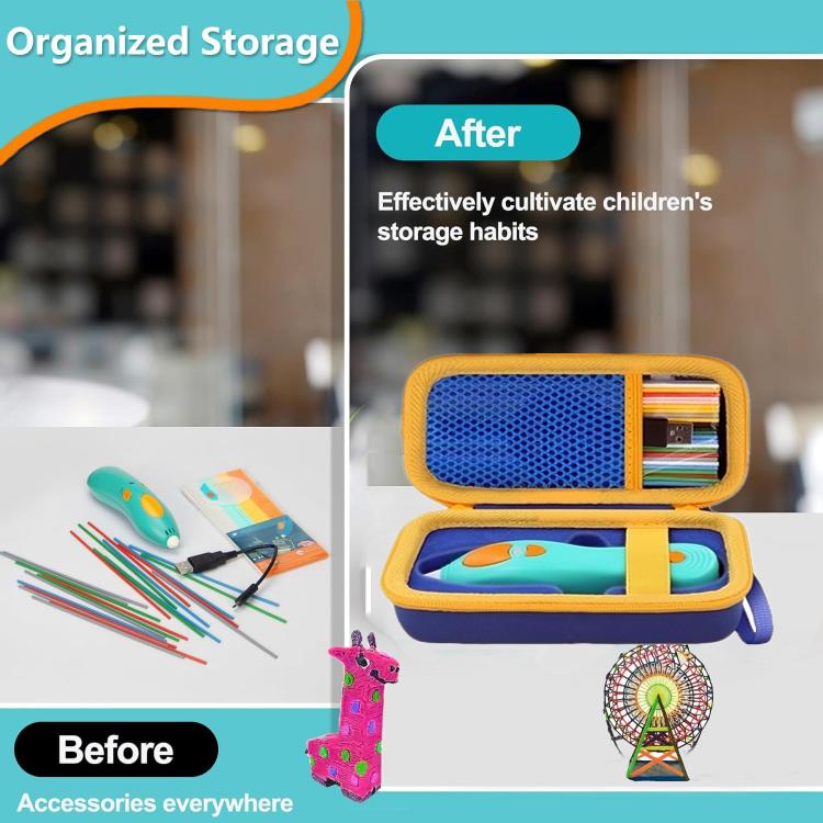 Kids 3D pen storage case with organized slots, open view showing pen and colored rods