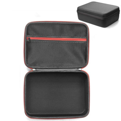 Hard storage case, black interior with red-trim zipper, open for photo printer