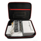 Hard storage case with molded top pocket and red-trim zipper, open with accessories