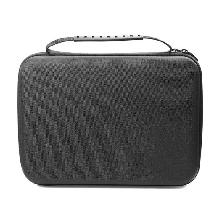 Hard portable storage case with textured dark gray shell and top carry handle