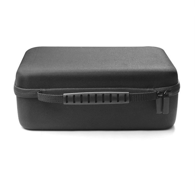 Hard storage case with textured dark gray body and side strap tab
