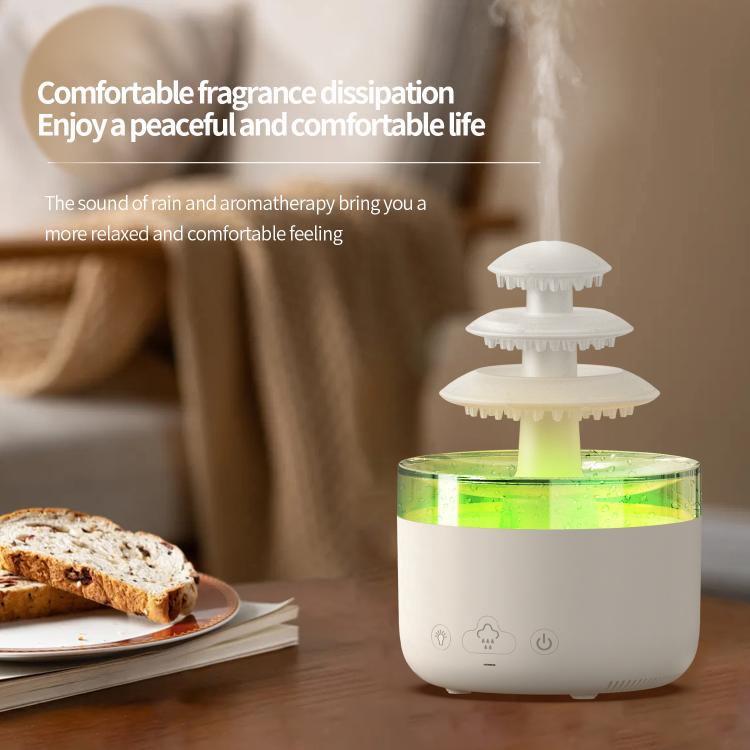 Three-color ultrasonic humidifier diffuser with white base and green-lit water tank